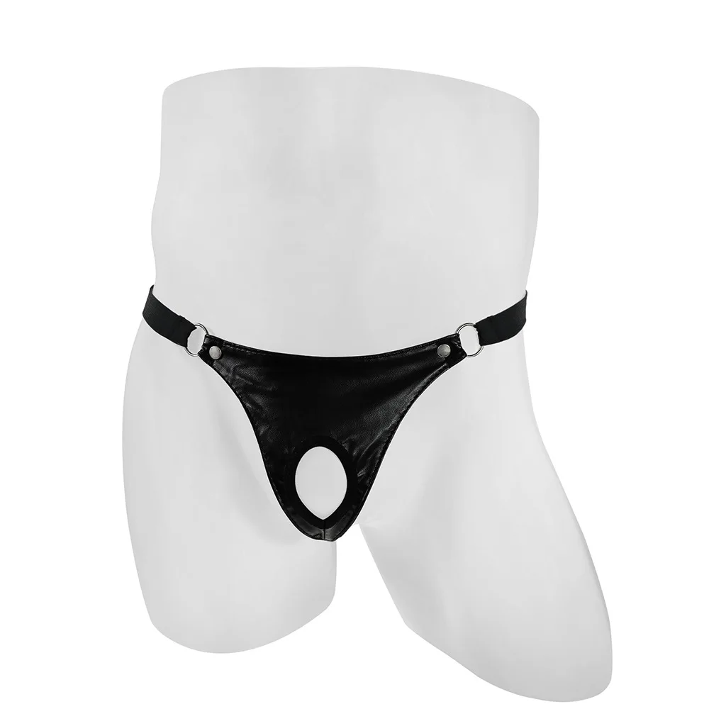 Men's Low-Rise Faux Leather Open-Front Hollow Out Thong, Adjustable Elastic Waist Erotic Underwear