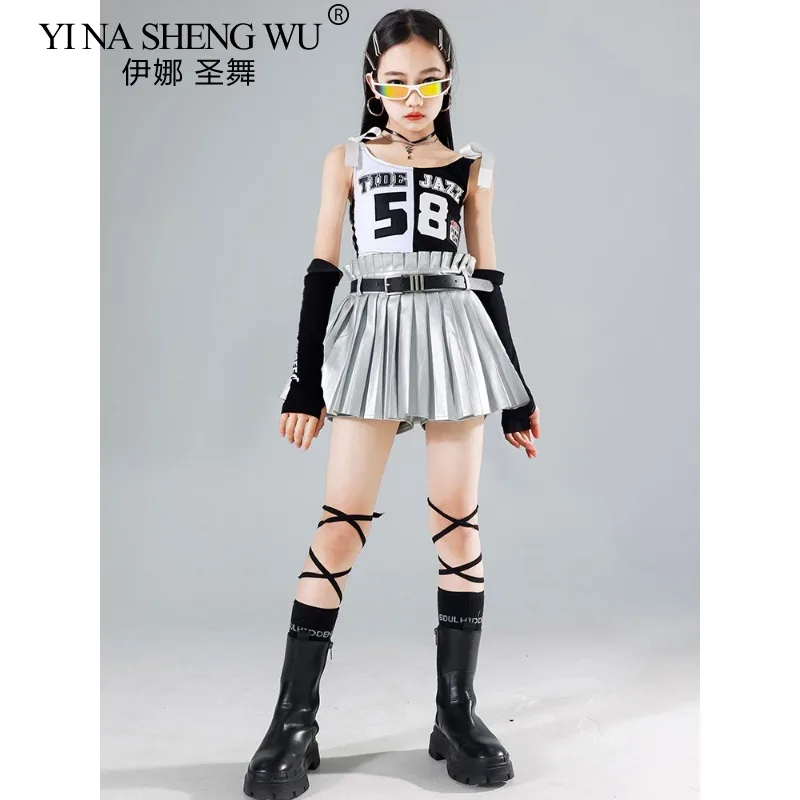 الفتيات ملابس رقص الجاز الأسود المحاصيل سترة الفضة تنورة مجموعة الاطفال الهيب هوب الجاز الملابس مجموعات الأطفال الشارع الشهير K-pop ازياء