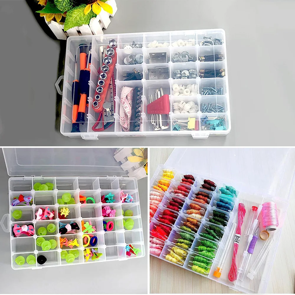 

36 Grids Plastic Organizer Box Clear Beads Storage Container Jewelry Box with Adjustable Dividers for Thread Craft