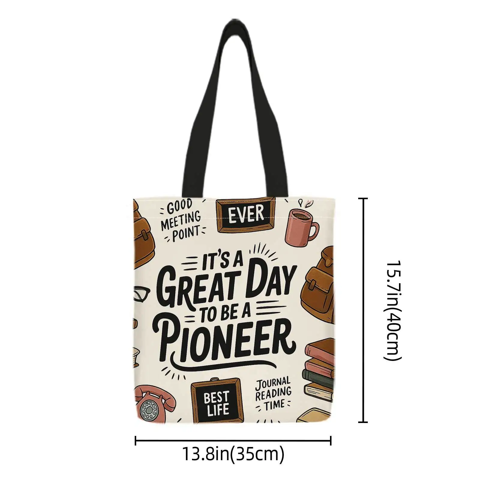 A Shopping Tote Bag with Prints on Both Sides, Featuring Designs Like a Pioneer, Books, And a Retro Phone. It'S Lightweight, Fol view 4