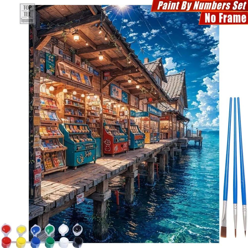 Set de Pintura por Números DIY de Casas Japonesas junto al Agua - Mercancía con Brillo de Luz Solar, Regalo de Cumpleaños para Amigo