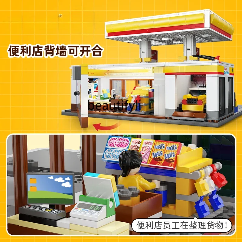 Building block street view city gas station large building house small particles