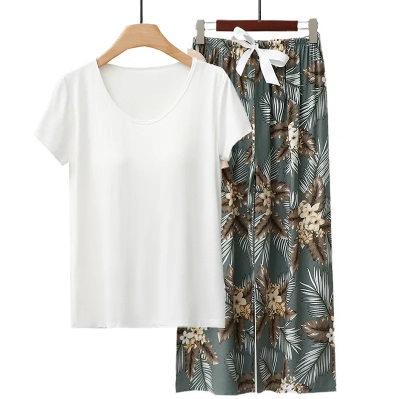 Modal Viscose Pajamas Sets 3 Season Floral Homewear 2pcs Braless Short Sleeve with Removable Padding Lady's Loungewear