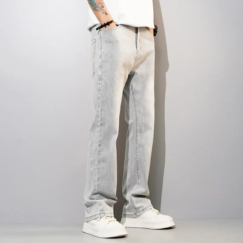 

Pop Seasons Men's American Vintage Loose Straight Jeans Pants Washed Grey Elastic Casual Trendy Denim Trousers Male Streetwear