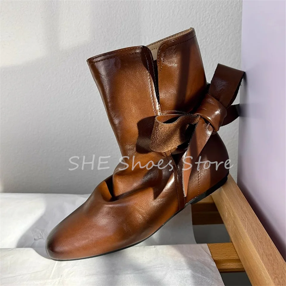 

British Style Genuine Leather Pleated Women Chelsea Boots Butterfly-Knot Round Toe Low Heel Short Boots Ladies Casual Shoes