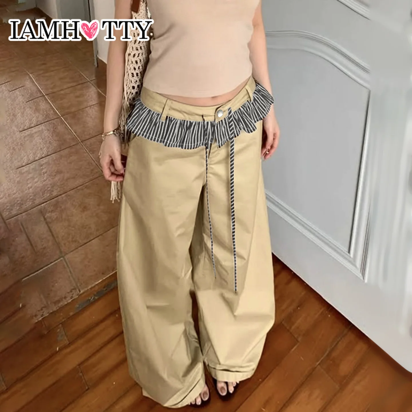 

IAMHOTTY Striped Ruffled Patchwork Wide Leg Pants Khaki Tie-up High Waist Loose Trousers Korean Fashion Streetwear Vintage Women
