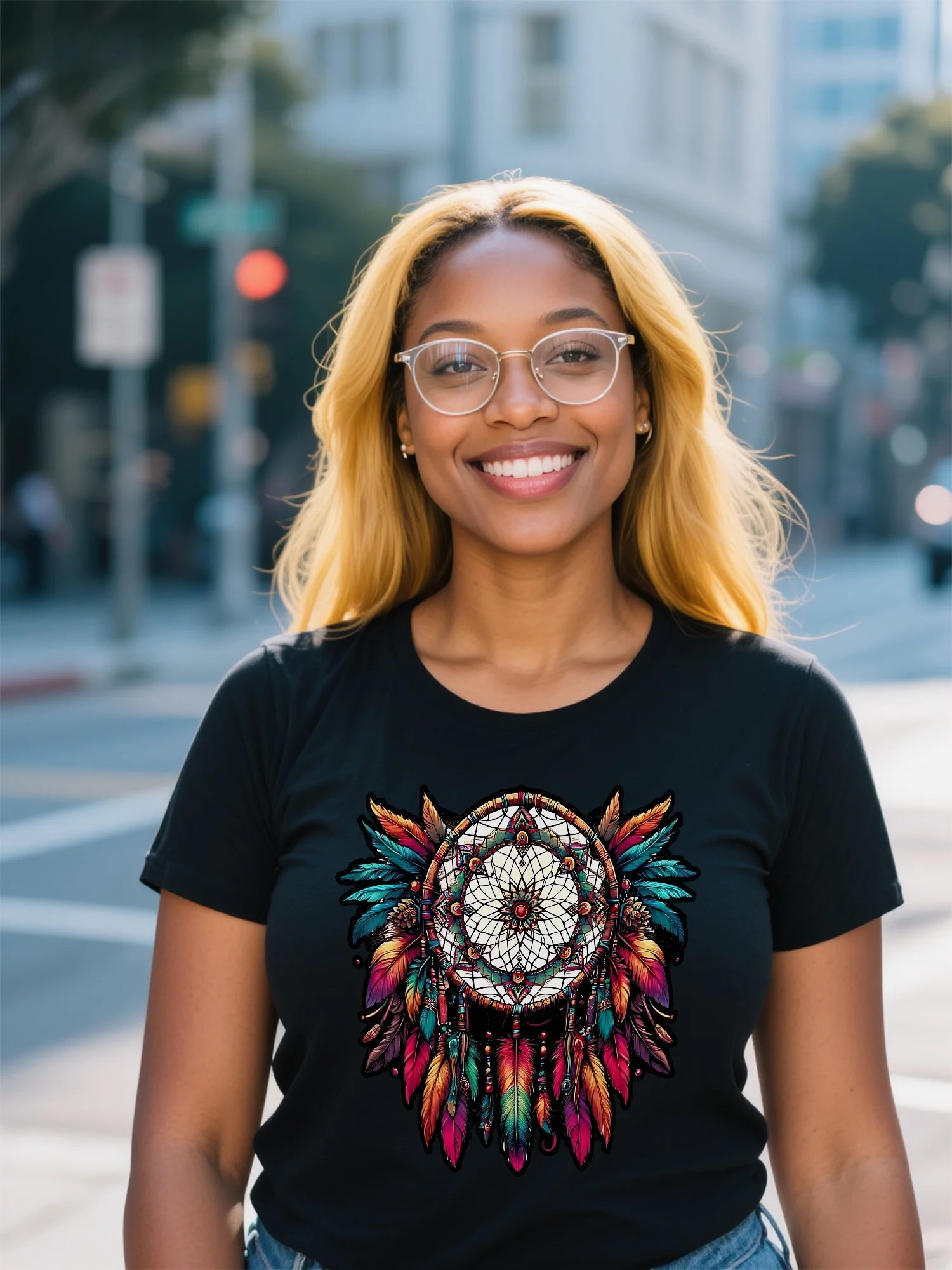 تي شيرت نسائي أسود هاي ستريت - 100% قطن عضوي فضفاض مزين بالزهور