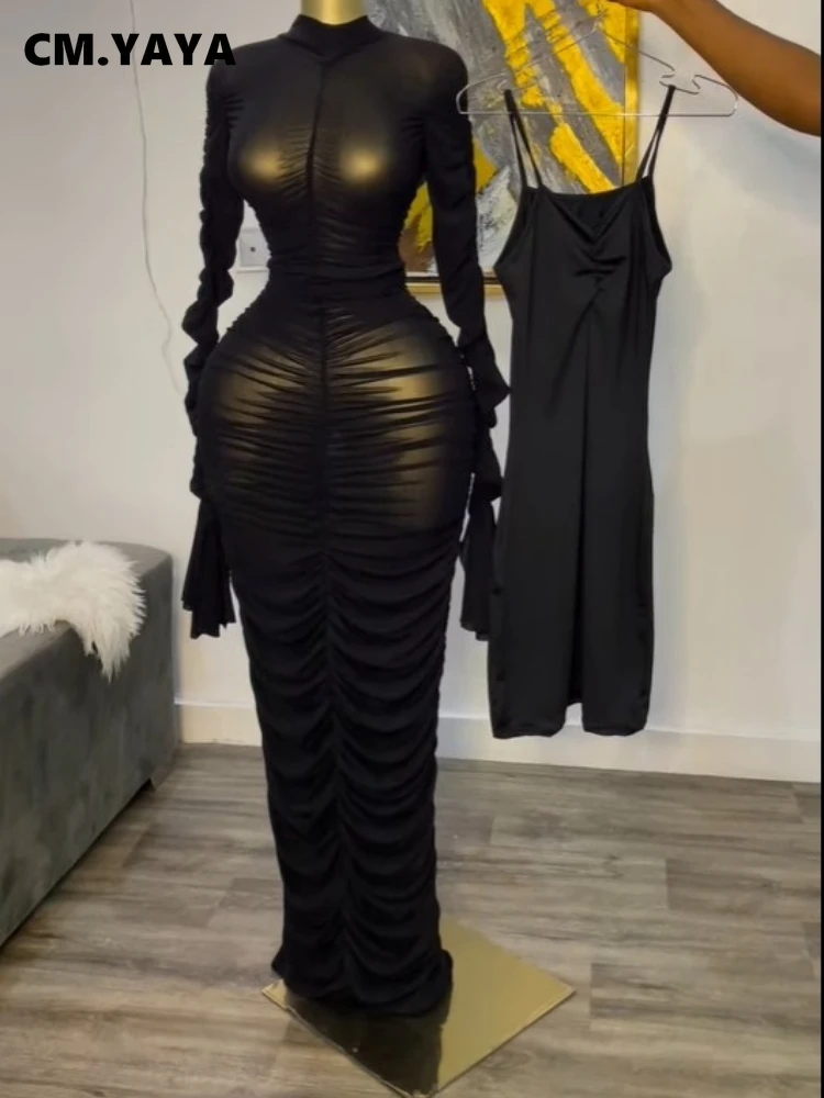 CM.YAYA Damen-Flare-Langarmkleid, gestapelt, gerüscht, Netzstoff, durchsichtig, mit Trägerkleid, Maxi-langes Kleid, 2025, Geburtstag, sexy Partykleider