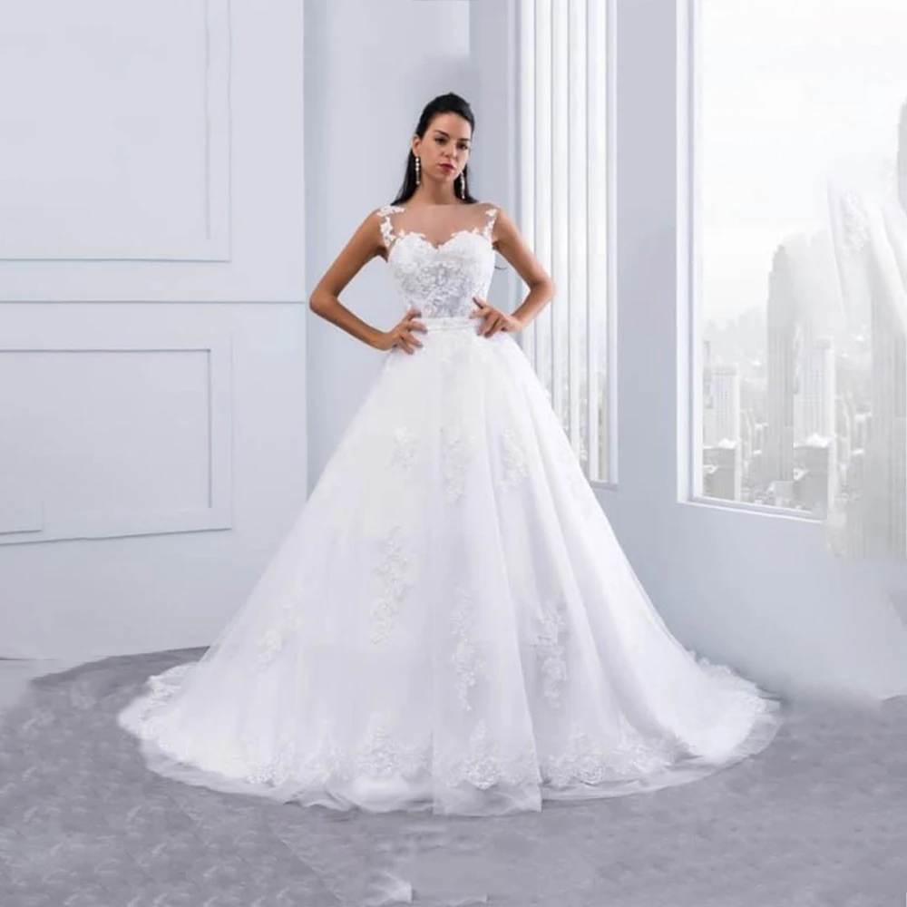 

Holy Wedding Dresses O-Neck Sleeveless Sweep Train Women Dress Appliques A-Line Bridal Gown Customized فستان الزفاف