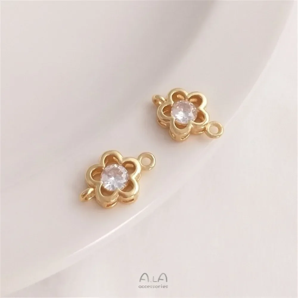 Copo de nieve de circón de Color dorado de 14K, flor de ciruelo, conector colgante doble, pulsera, collar, accesorios DIY hechos a mano