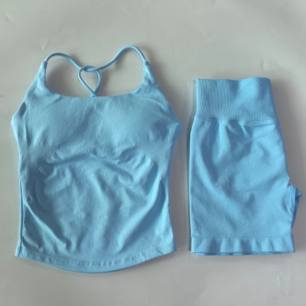 Pericic 2-teiliges Sportset für Damen, Twist-Back-Top, rückenfreier Träger-BH, Yoga-Shorts, Fitness-Set, Trainingskleidung, Outfit, Fitnessanzug – Detail 19