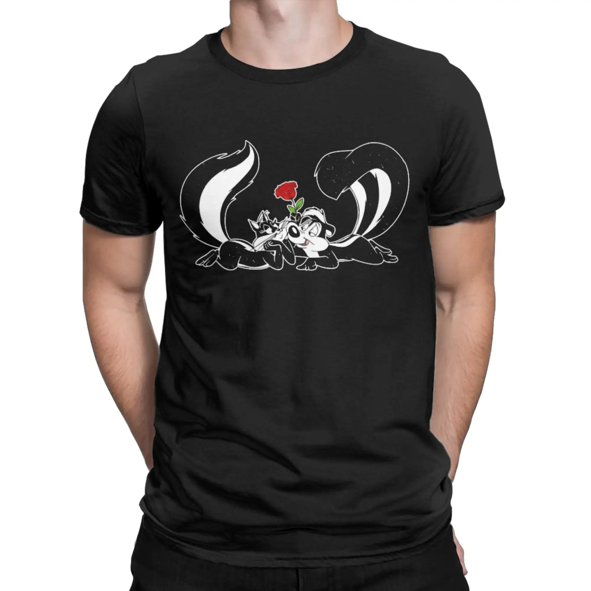 Pepes Le Pew Penelope Skunk Love Rose Cotton T-Shirt For Men Summer  Y2K Basic T Shirts O Neck Leisure Tee Shirt Oversize Tops