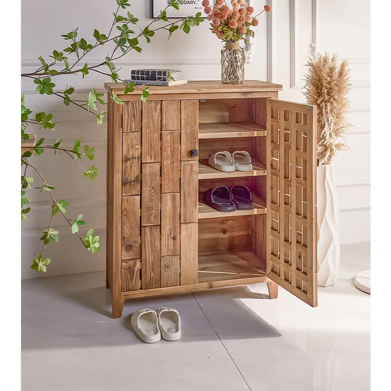 Solid Wood Shoe Rack Storage Cabinet Rustic Living Room Furniture With Antique Design For Home Entryway Bedroom Doors