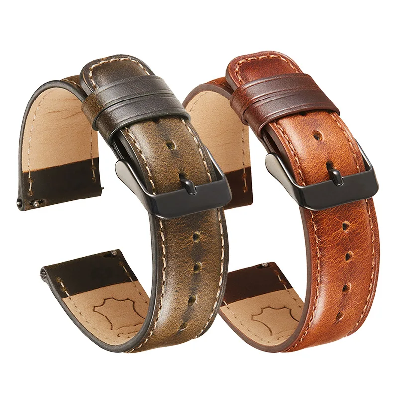 Quick Release Leather Watchband Handmade Cowhide Belt with Steel Pin Buckle Watch Accessories Oil Wax Watch Strap 20mm 22mm