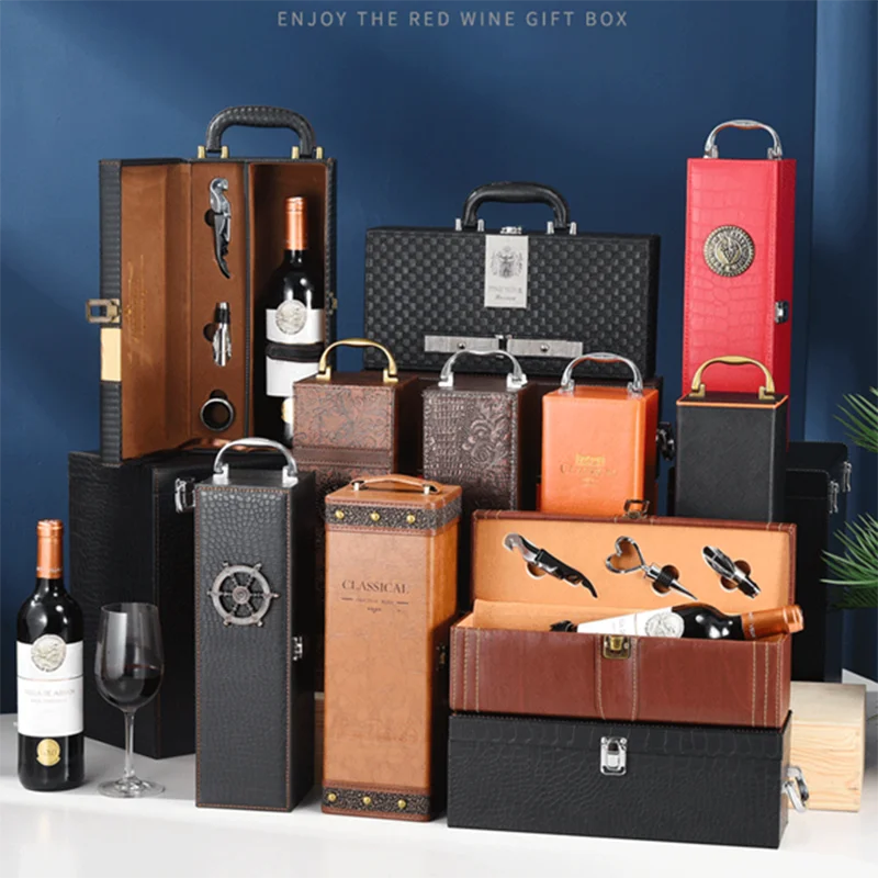 PU Leather Vintage Single Red Wine Storage Gift Box Holder Ring Paper Cutter Seahorse Knife Pourer Wooden