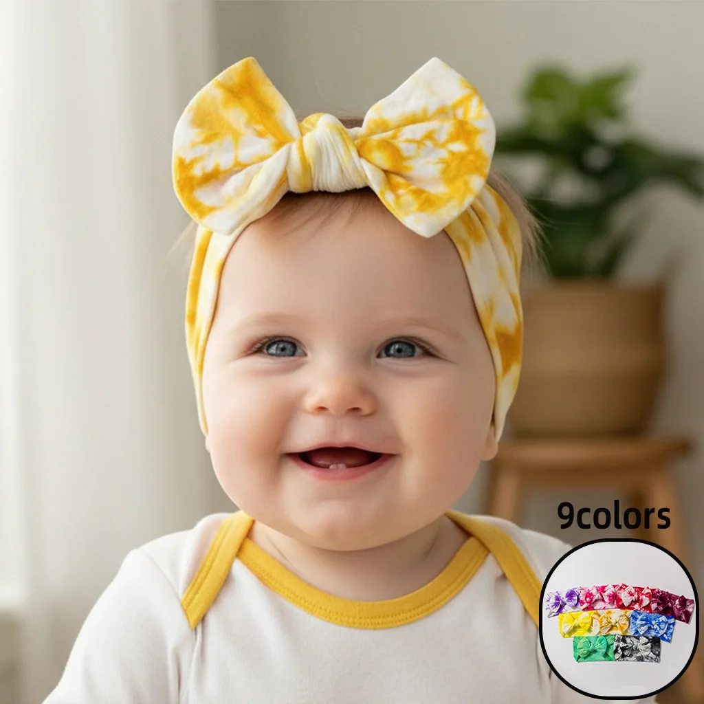 

27 шт./лот, повязка на голову с бантом и принтом тай-дай, эластичные нейлоновые повязки на голову для новорожденных, мягкий тюрбан, повязка на голову, детские аксессуары для волос