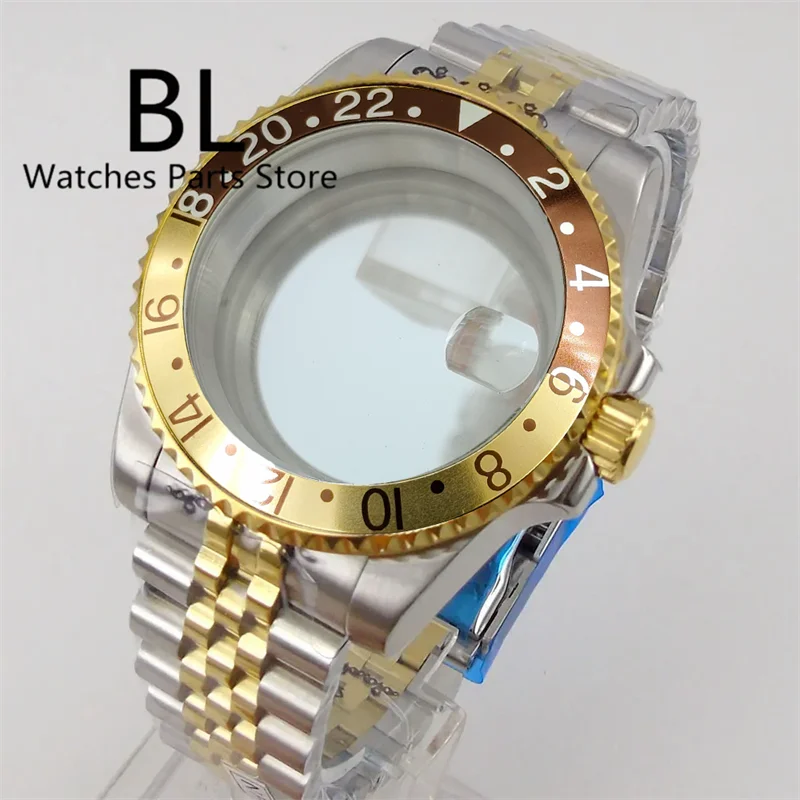 BLIGER 40mm Rootbeer Ceramic Bezel Sapphire Glass Two Tone Silver Gold Watch Case Brown Dial Gold GMT Hand Set Fit NH34 Movement