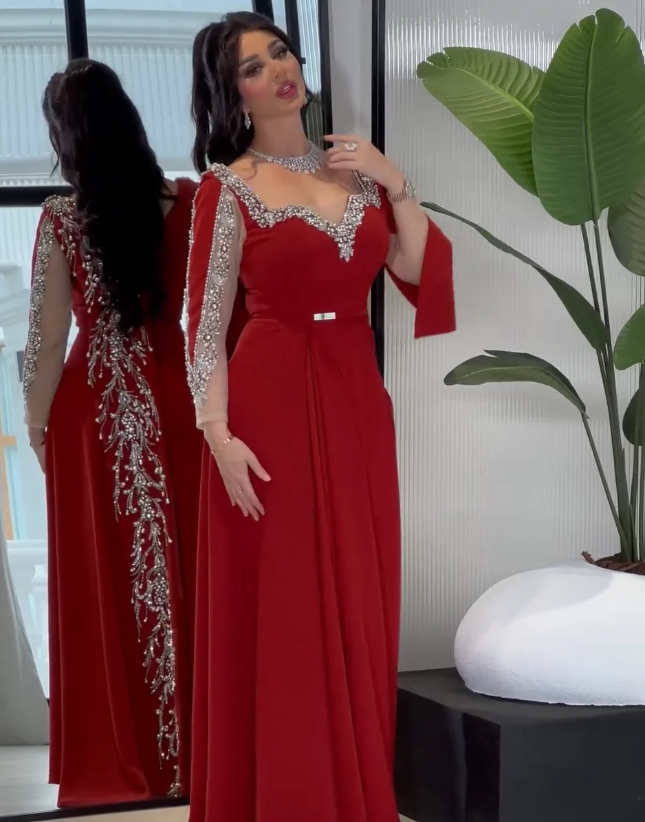 Red Mermaid Prom Dresses Long for Women 2025 Beading Crystal A Line V Neck Formal Evening Gowns Customized image 4