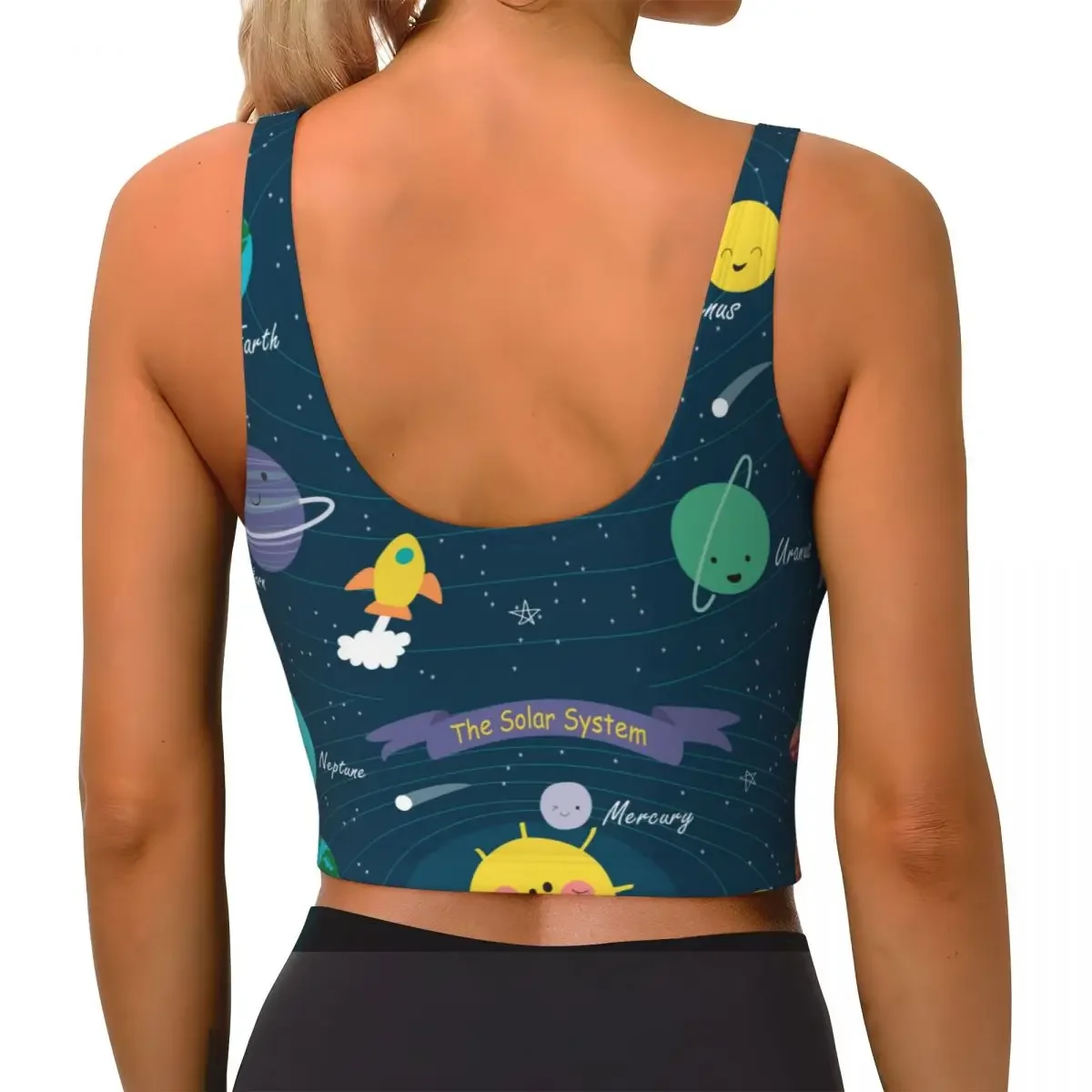 Женский сексуальный спортивный жилет с мультяшными планетами, солнечная система, женская уличная одежда, спортивное белье, футболка, укороченный топ