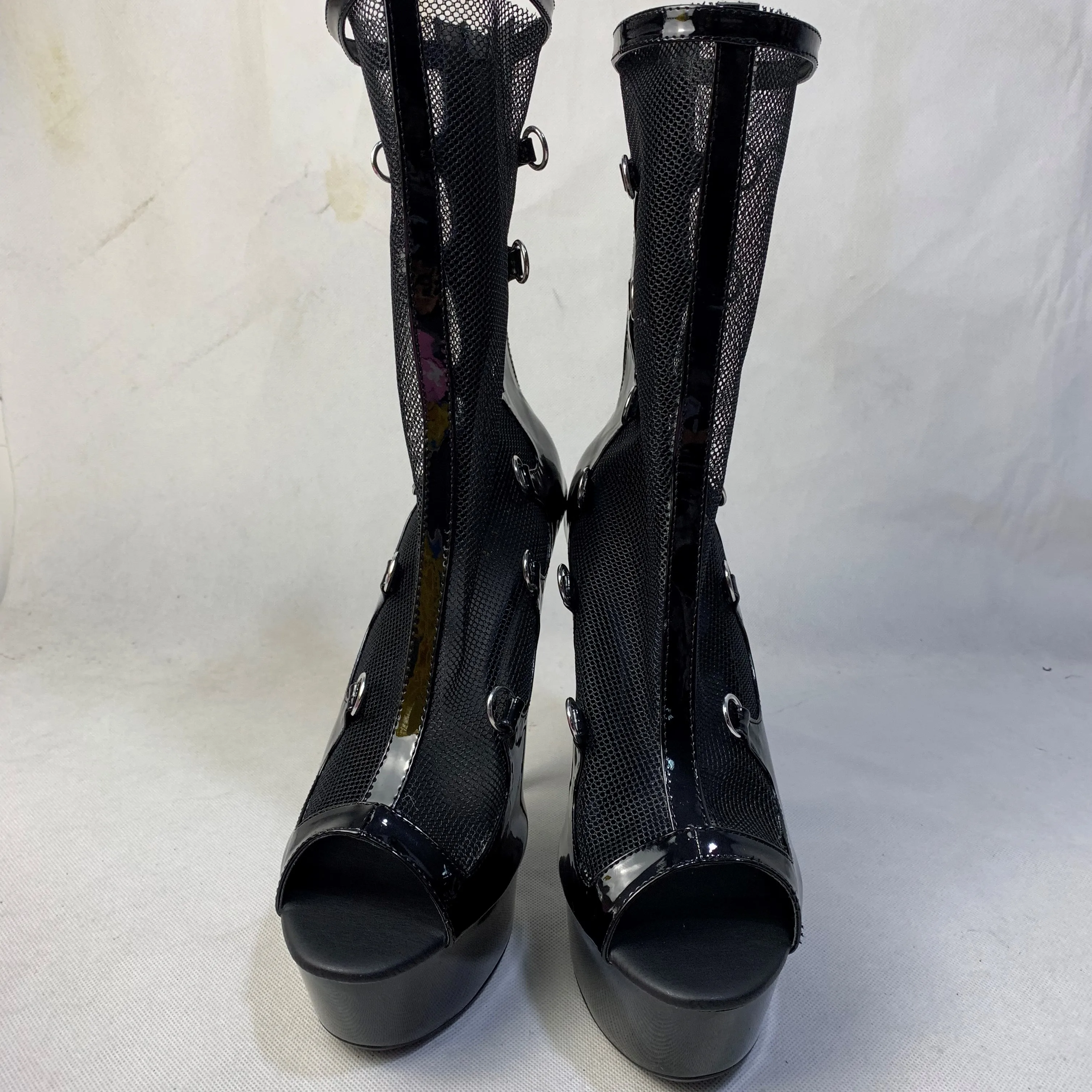 15 cm high heel boots, sexy cross bands, black mesh booties, paint club fashionable ankle dance shoes