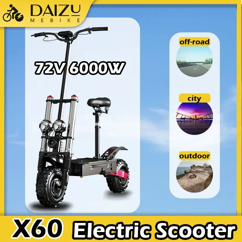 72V 6000W Dual Motor Powerful X60 Electric Scooter Off Road Tire Electric Kick Scooter 80KM/H e Scooter 100km Long Range