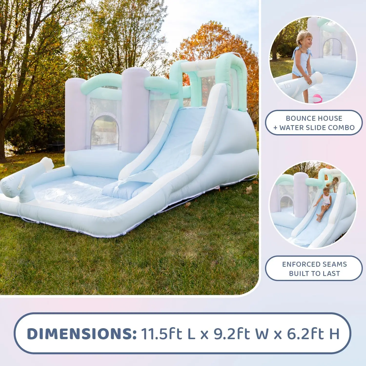Splash Zone Dream Slide de água para casa de salto úmido ou seco, 11,5 pés de largura x 9 pés de largura x 6 pés de altura, cor pastel, área de salto espaciosa, piscina de respingos, C