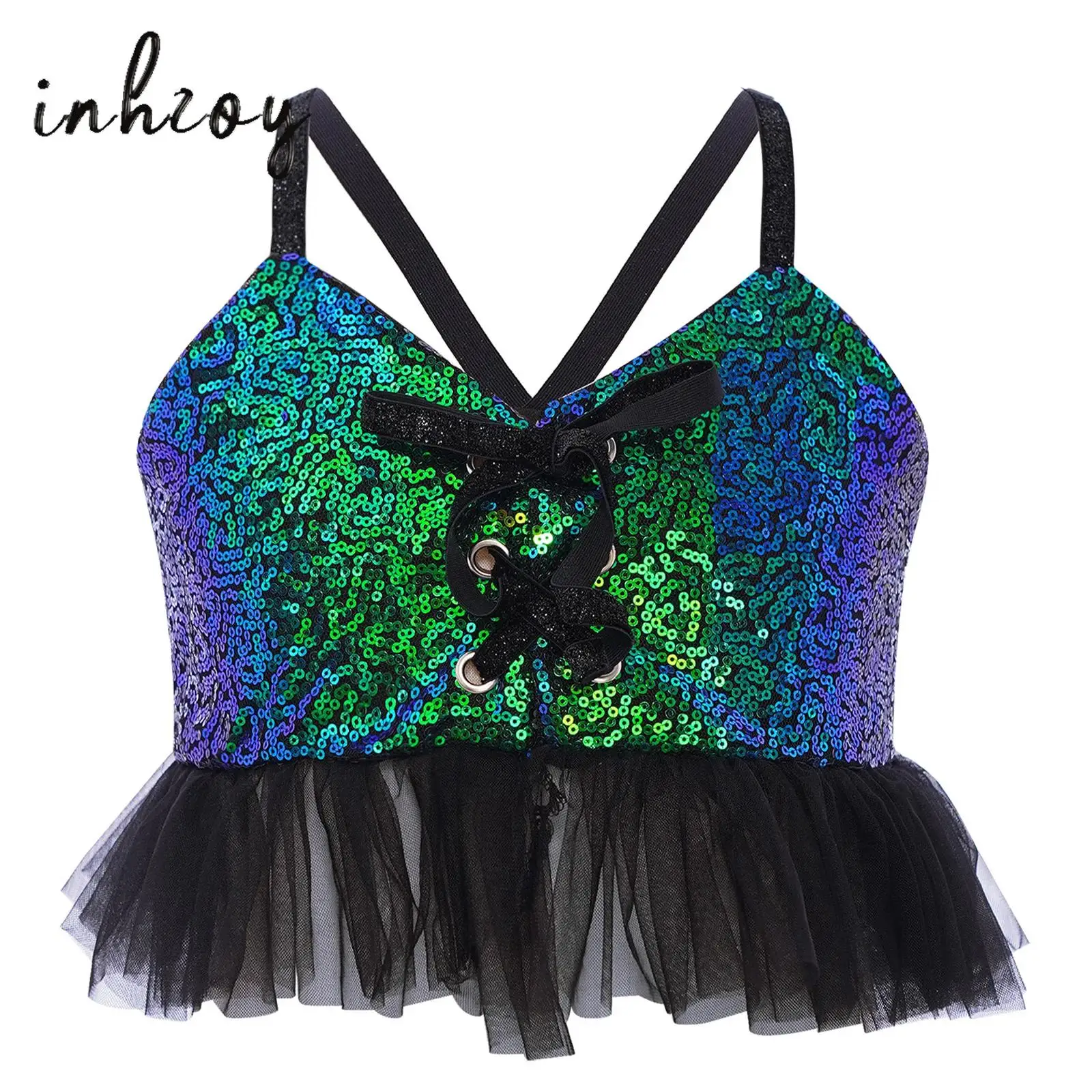 

Kids Girls Jazz Latin Dance Top Spaghetti Straps Glittery Sequins Tulle Ruffles Camisole Crop Top Stage Performance Dancewear