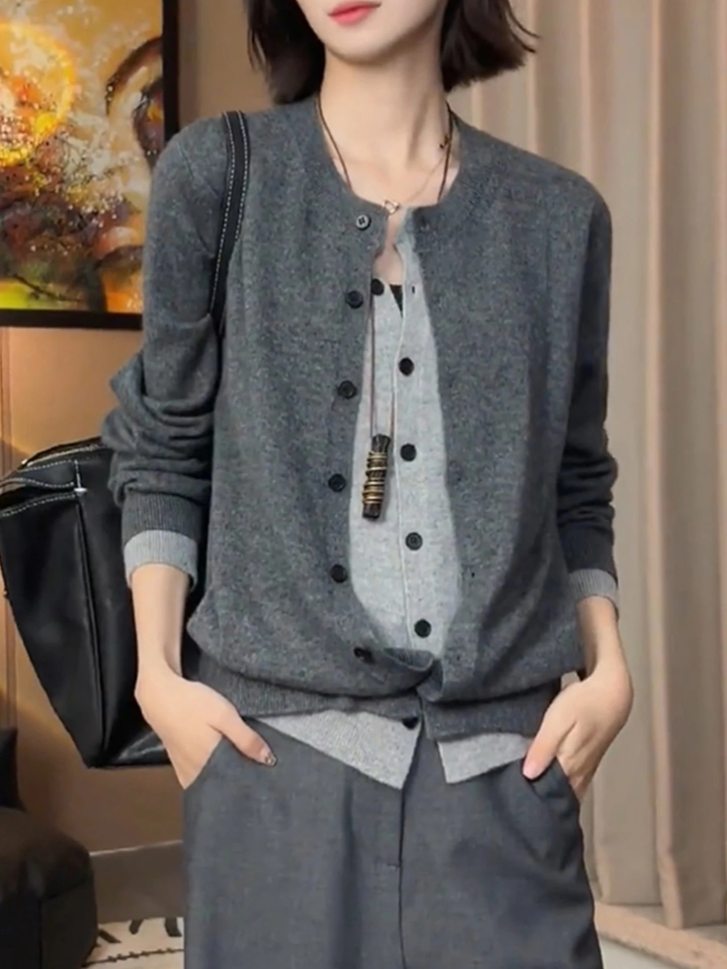 Couleur Blo tricots rond Ne Long Sve Base irt coréen Sle automne Faion faux deux pièces minceur pull Cardigan