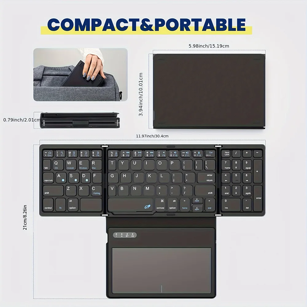 MRSVI Foladable Bluetooth Keyboard B055 with Touchpad Pocket Folding Keyboard for Laptop Phone Tablet Wireless Rechargeable