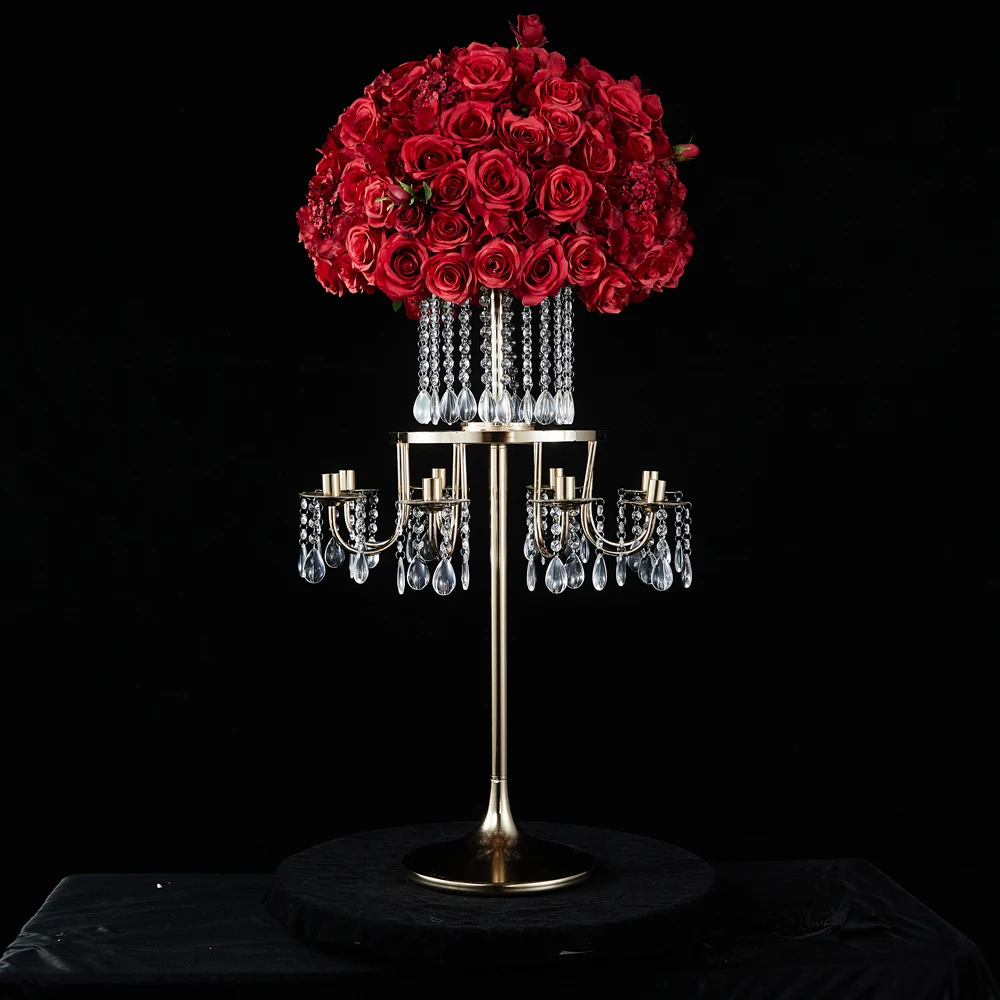 Golden Candelabra Candle Holder With Pendant Table Wedding Centerpiece Party Candlesticks Flower Stand For Home Decoration