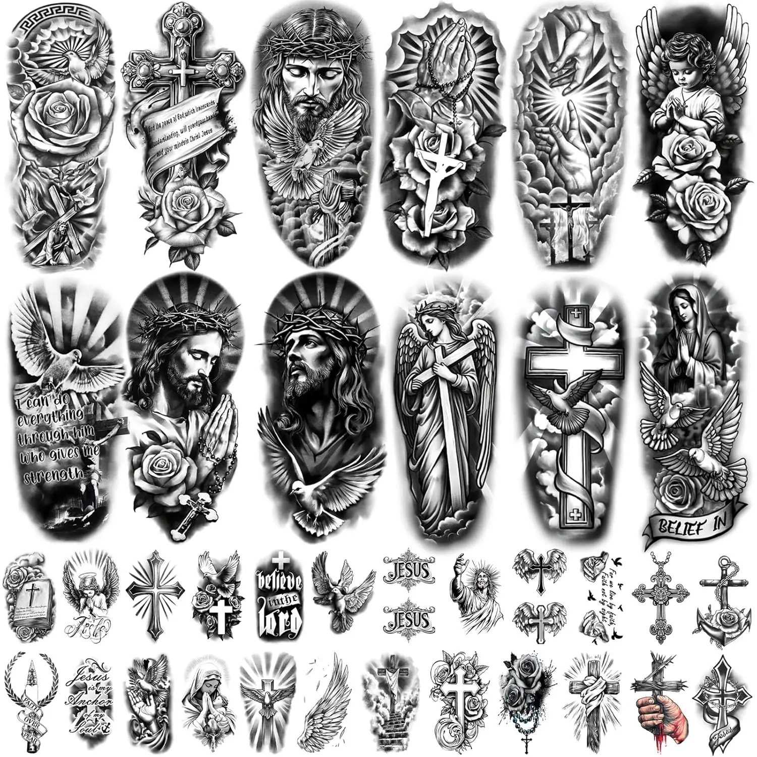 

77 Christian Temporary Tattoos - Realistic Jesus Cross Angel Rosary Fake Tattoo Sleeve for Men Women Kids
