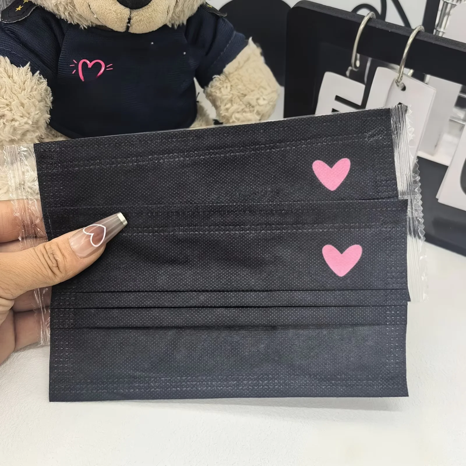 50Pcs Cute Heart Print Black Earless Masks,3‑Layer Breathable for Women Teens,Comfortable,Individual Packed Portable