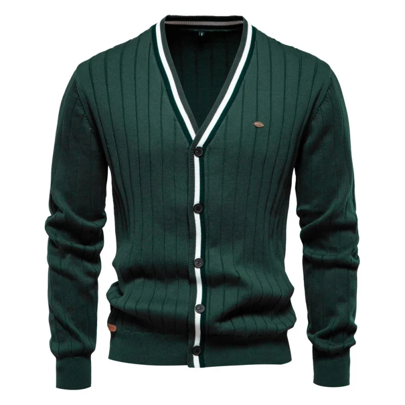

2025 Spring and Autumn New Men's Business Rest V-Neck Striped Breathable Knitted Fabric Versatile Long Sleeve Sweater Jacket