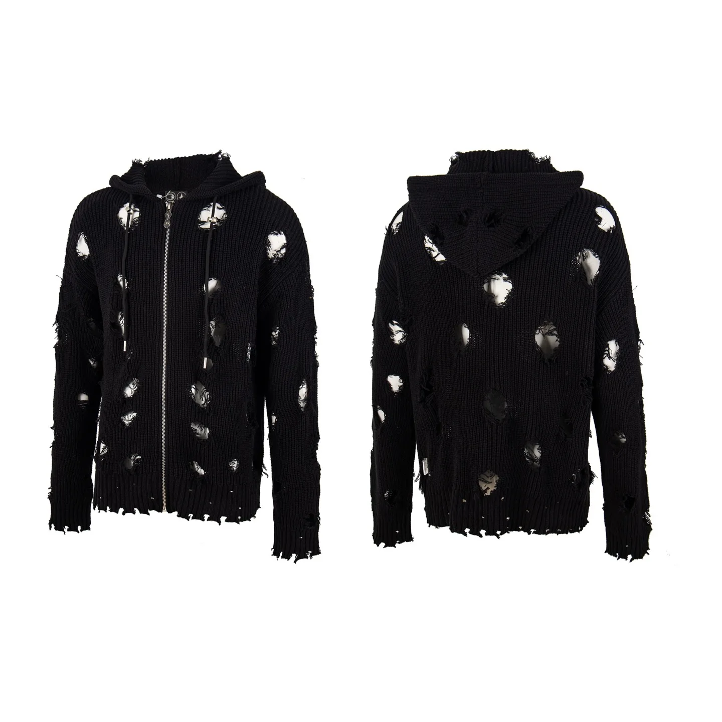 

Gothic Style Knitted Zipper Washed Destroyed Sweater High Street Trend Thug Club Men's Long Sleeve Wool Blend Casual Coat