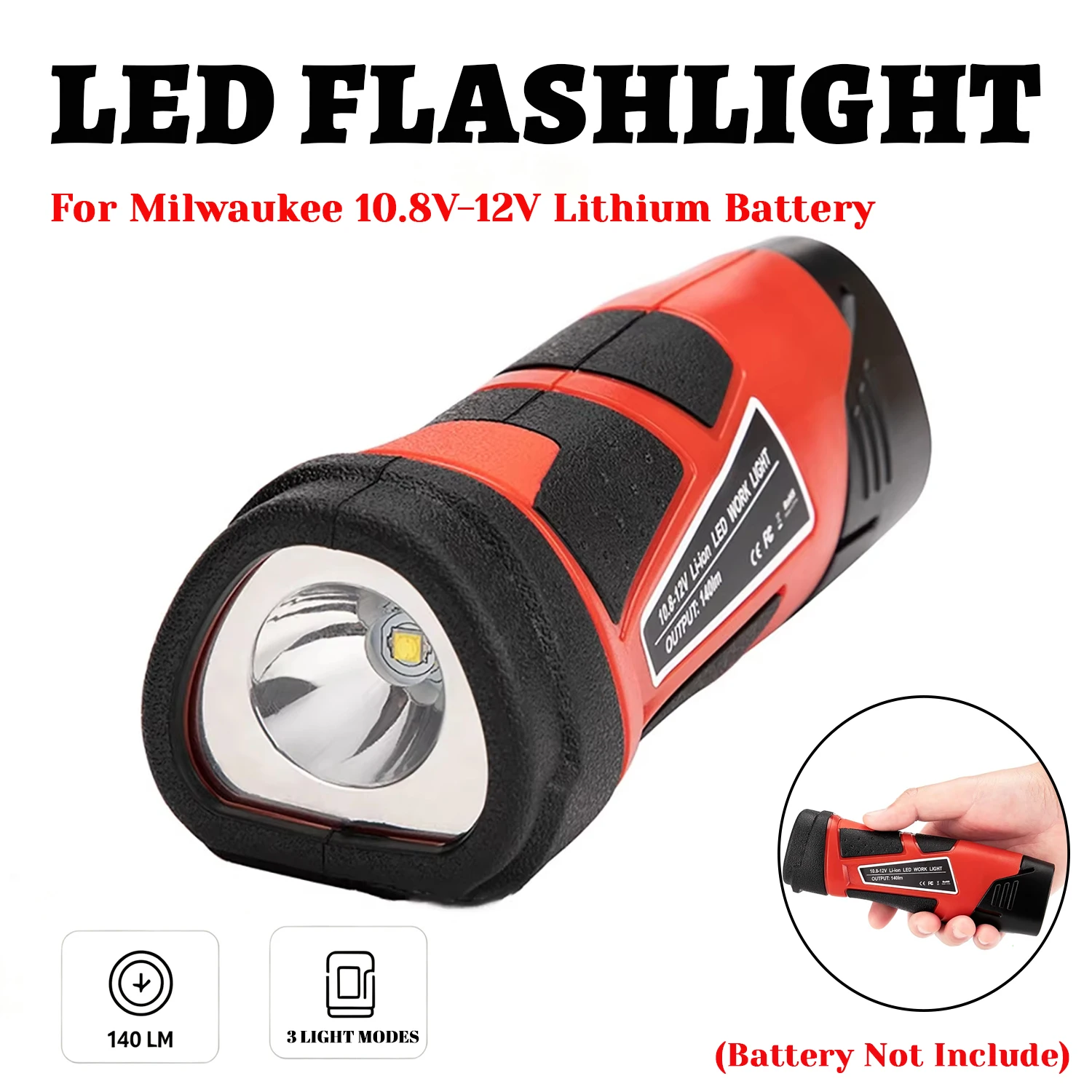 LED Work Flashlight For Milwaukee M12 10.8V-12V Battery, 3W 140LM 3 Lighting Modes, Camping Emergency Torch, Tool Only