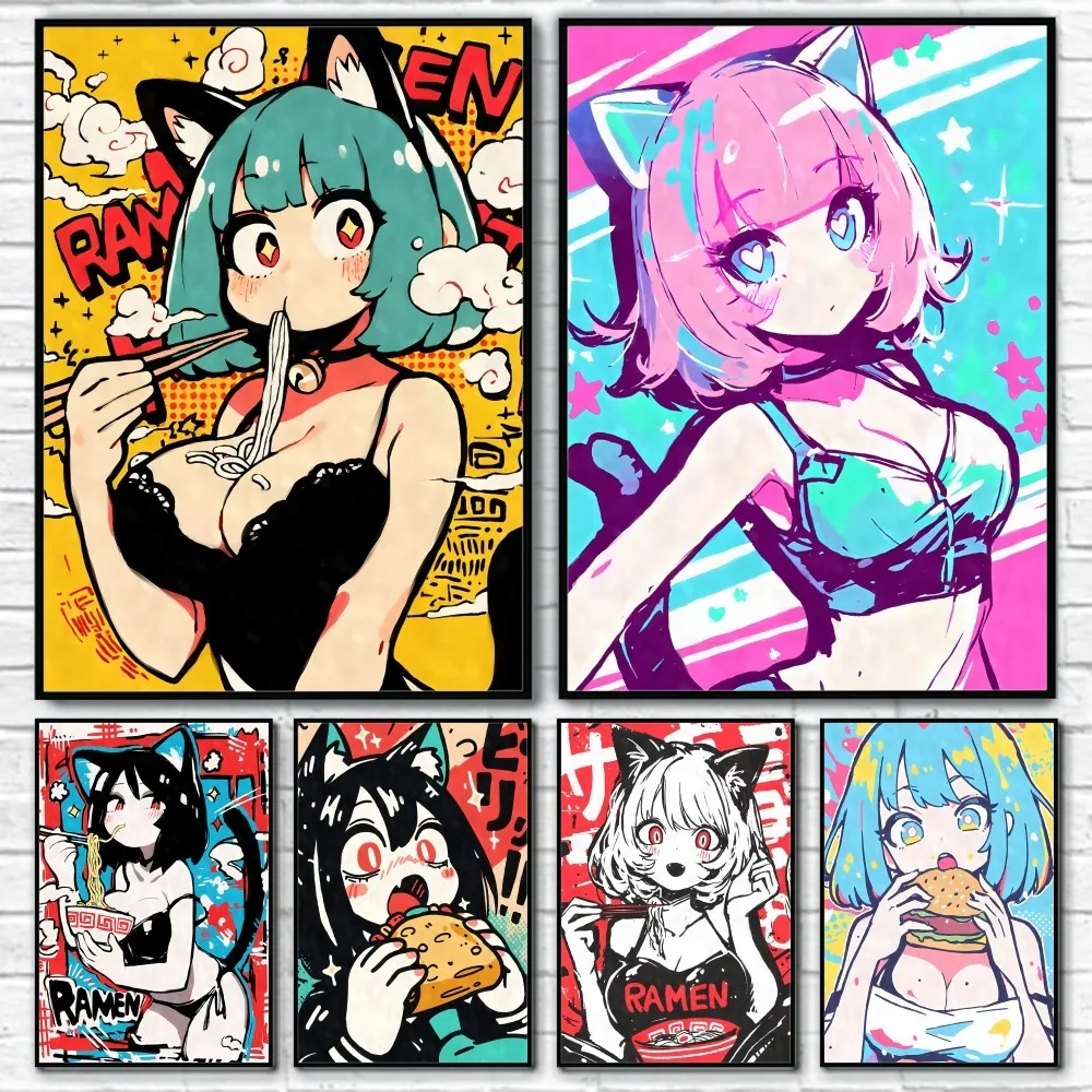 

Anime Cat Girl with Beer Poster Room Decor Home Decoration Wall Art Printing Waterproof Bathroom Room BedRoom Posters Gift