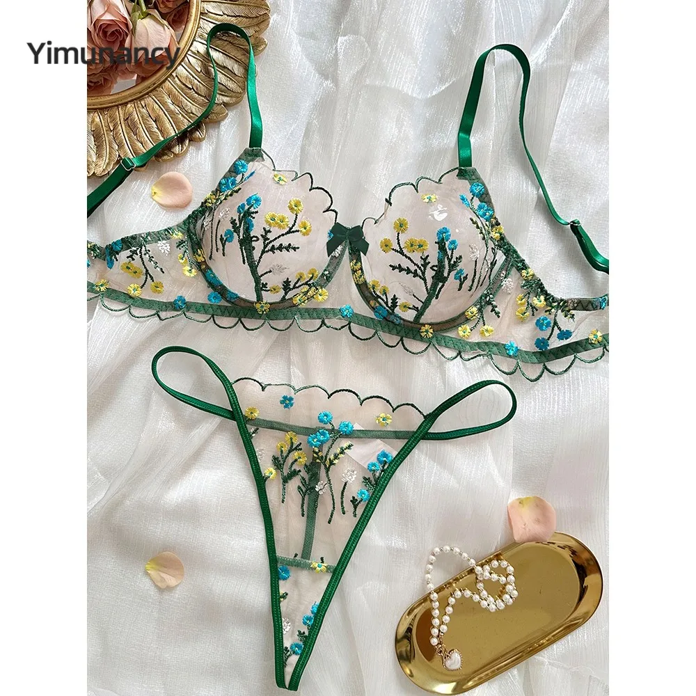 Yimunancy 2-Piece Floral Lingerie Set Women Embroidery Boho Bra + Thong Underwear Set Intimates