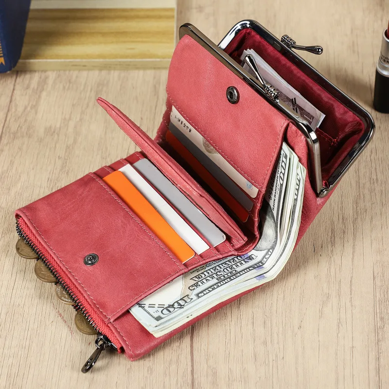HTS-C2208A Head Layer Cowhide RFID Anti Magnetic Women's Wallet Casual Iron Hinge Multifunctional Short Leather Wallet