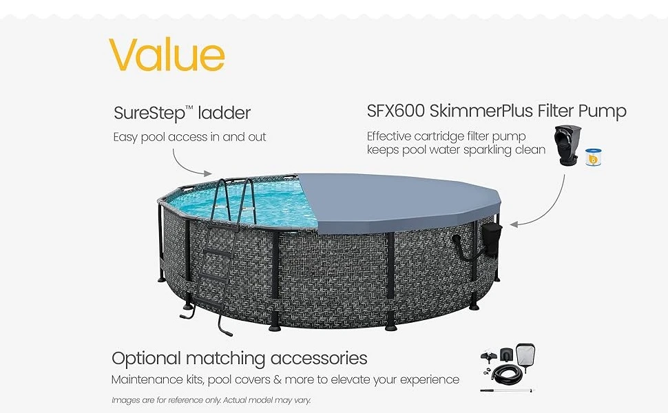 A black round pool with its filter pump. Text Reads: Value.