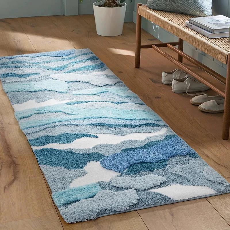 Tufting Blue Ocea Rug Carpet for Bedroom Living Room Non Slip Mediterranean Moss Floor Mat Thicken Bedside Area Rug Home Decor