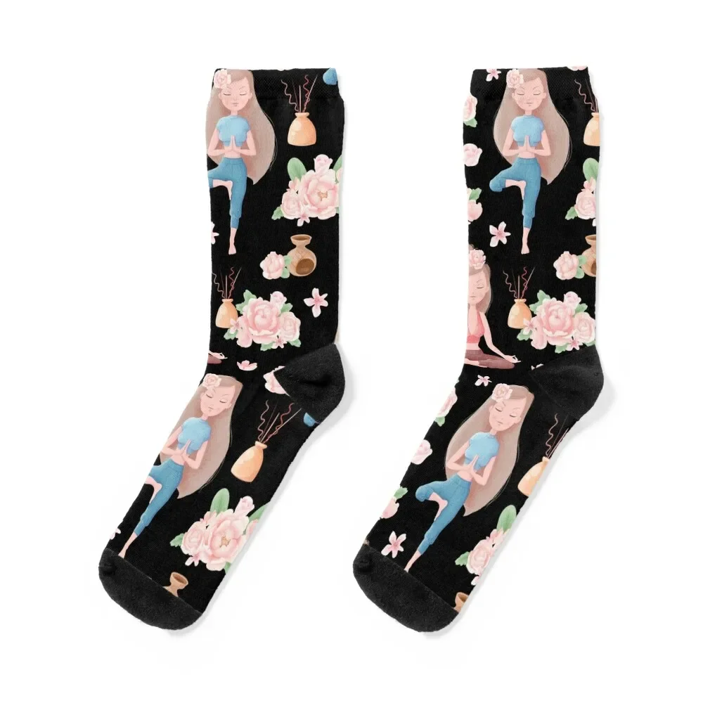 

Yoga Pose Girl & Pink Roses Pattern Socks Climbing crazy moving stockings Designer Man Socks Women's