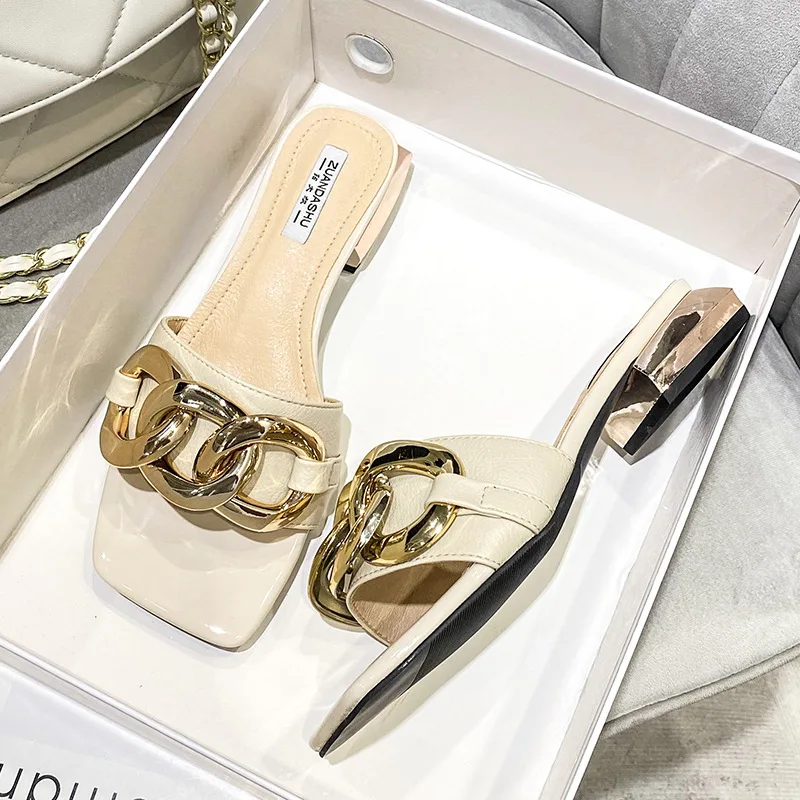 Summer New Shoes for Women Slipper Fashion Chain Leather Casual Sandals Girl Heels Slides