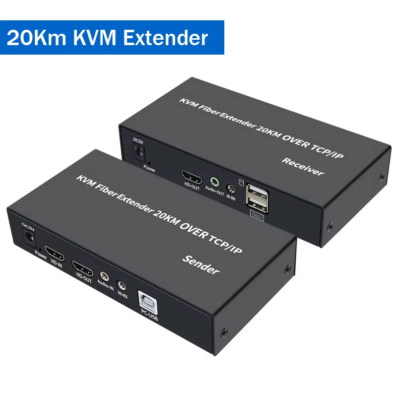 20Km HDMI KVM Fiber Extender via SC Optical Fiber Cable 1080P HDMI KVM Extender Transceiver Support Keyboard Mouse for PC NVR TV