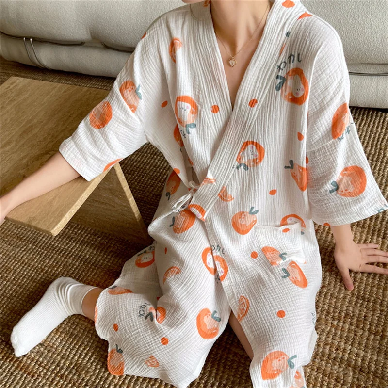 Large Size Night Wear Woman Cotton Night Dress Loose Half Sleeve Length Kimono Robe Women Dressing Gowns Home Ladies Bathrobe