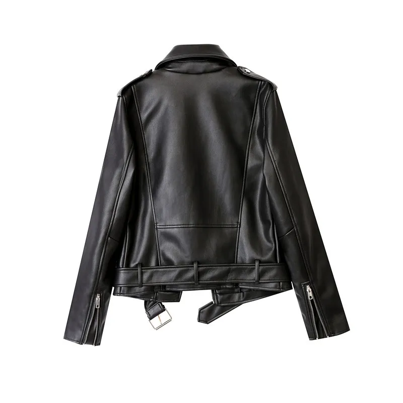 Blouson de Moto Classique Noir en Cuir avec Ceinture Détachable, Nouvelle Collection Printemps et Automne 2024