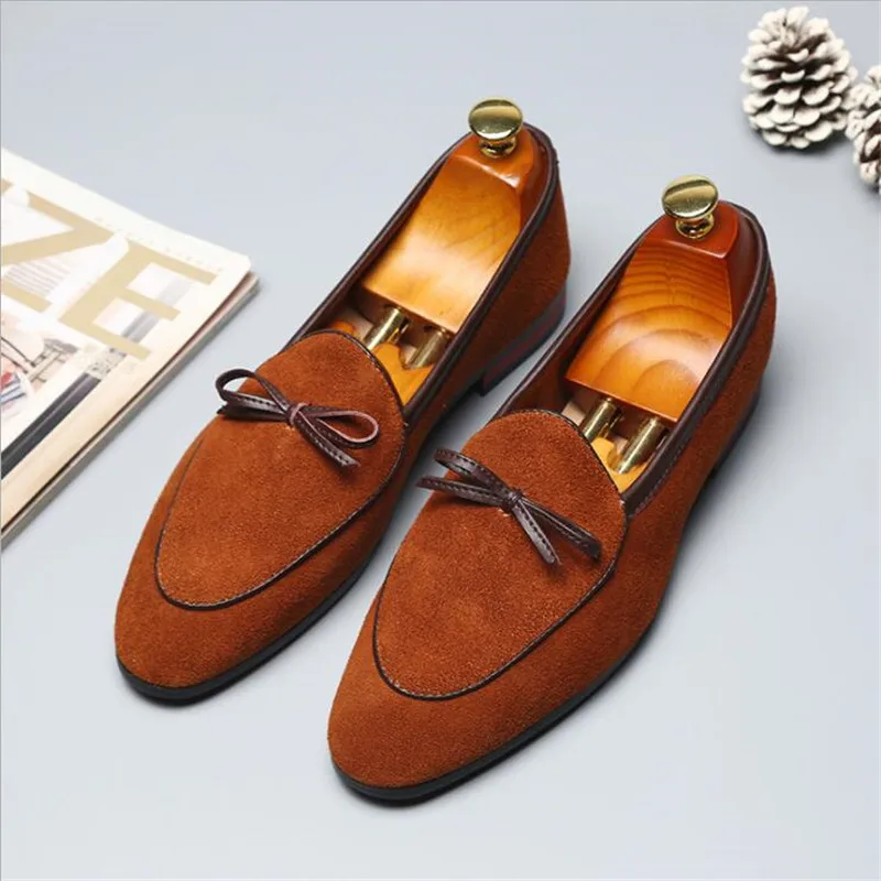 Sapatos casuais masculinos com laço camurça genuína couro na moda festa de casamento mocassins apartamentos mocassins de condução dos homens eur tamanhos 38-48