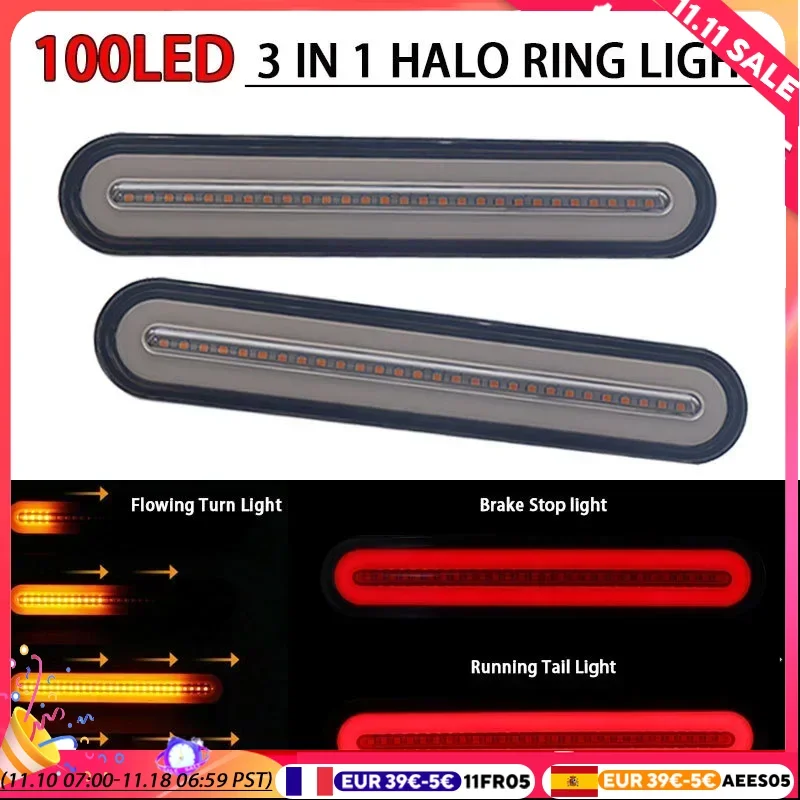 2x Waterproof LED Trailer Truck Brake Light 3 in1 Neon Halo Ring Tail Brake Stop Turn Light Sequential Flowing Signal Light Lamp