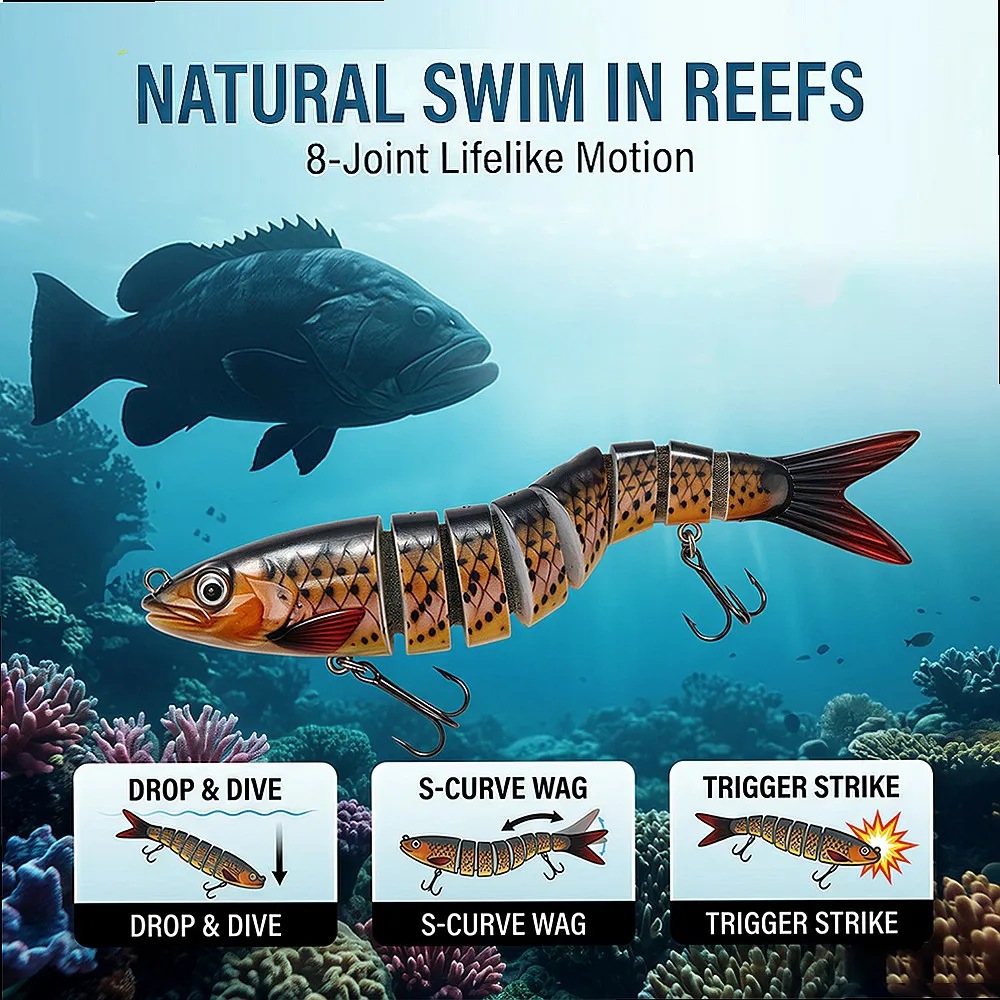 8-Jointed Swimbait 3/5/10 Pack Segmented Hard Bait Low-Frequency Rattle 3D Eyes for Walleye Trout in River Current