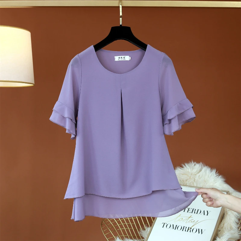 Banerdanni Women Blouses Summer Chiffon Blouse Solid Fashion Tops Butterfly Sleeve Casual O-neck Base Women Oversized Blouses