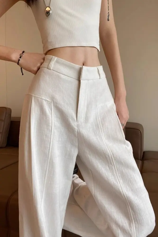 White Ramie Wide-leg Pants Women's Summer Thin High Waist Drape Old Money Style Suit Straight Sub-cotton and Linen Casual Pants